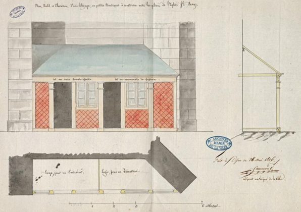 Plan, profil et élévation d'une échoppe, ou petites boutiques à construire entre les piliers de l'église St Jean. 28 mai 1816. © Région Bourgogne-Franche-Comté, Inventaire du patrimoine