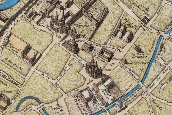 Nouveau plan de la ville [... par de Beaurain, montrant la cathédrale Saint-Bénigne et les églises Saint-Philibert et Saint-Jean]. 1767. © Région Bourgogne-Franche-Comté, Inventaire du patrimoine