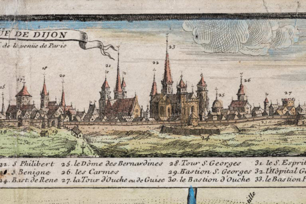 Veüe de Dijon du cotté de la venüe de Paris [... par André Gambu, intégrée au Nouveau plan de la ville... par de Beaurain, corrigé en 1767]. L'église Saint-Jean, sous l'extrémité droite du phylactère, porte le numéro 21. © Région Bourgogne-Franche-Comté, Inventaire du patrimoine