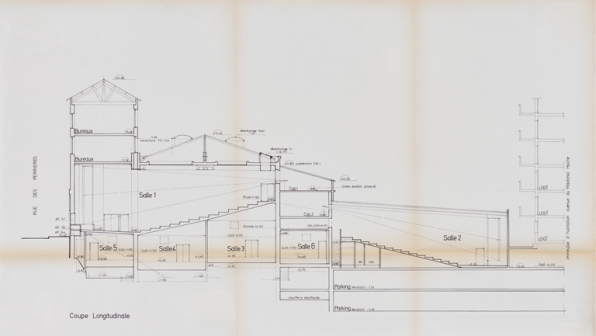 Cinémas Gaumont [...] Aménagement de 6 salles. Demande d’autorisation de travaux. Projet. 6. Coupe longitudinale. 18 avril 1990. © Région Bourgogne-Franche-Comté, Inventaire du patrimoine