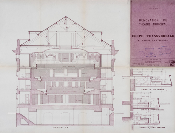 Rénovation du théâtre municipal. Coupe transversale et coupes partielles. T 32 07. 8 décembre 1969. © Région Bourgogne-Franche-Comté, Inventaire du patrimoine