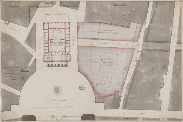 Ville de Dijon [plan de situation et de distribution de la salle de spectacle, dans l'axe de la place Royale (2e projet de Cellerier)]. S.d. [1786 ?]. © Région Bourgogne-Franche-Comté, Inventaire du patrimoine