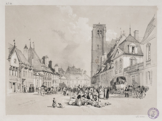 [La place Bossuet, avec une tour de l'église Saint-Jean]. Octobre 1834. © Région Bourgogne-Franche-Comté, Inventaire du patrimoine