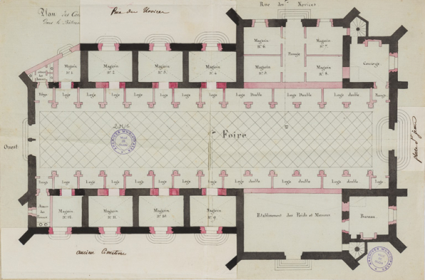 Plan des constructions à faire pour l'établissement des foires dans le bâtiment de la ci-devant église St Jean de Dijon [plan, rabats baissés]. 4 janvier 1813. © Région Bourgogne-Franche-Comté, Inventaire du patrimoine