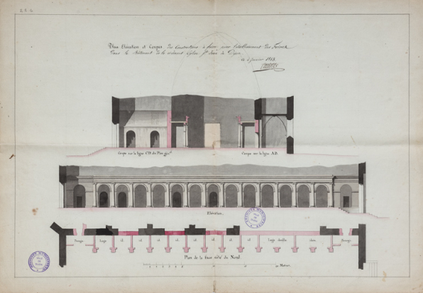 Plan des constructions à faire pour l'établissement des foires dans le bâtiment de la ci-devant église St Jean de Dijon [plan et élévation des aménagements intérieurs côté nord, et coupe transversale]. 4 janvier 1813. © Région Bourgogne-Franche-Comté, Inventaire du patrimoine