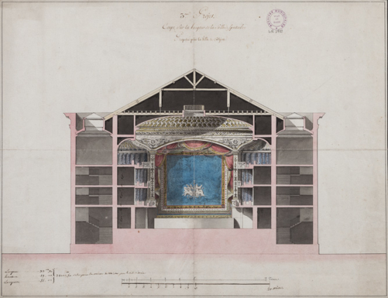 [Projet de salle de spectacle par Cellerier]. 3ème projet. Coupe sur le largeur de la salle de spectacle proposée pour la ville de Dijon. S.d. [1803 ?]. © Région Bourgogne-Franche-Comté, Inventaire du patrimoine