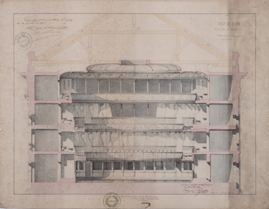 Ville de Dijon. Restauration du théâtre. Coupe de la face opposée à la scène. 28 mai 1855. © Région Bourgogne-Franche-Comté, Inventaire du patrimoine