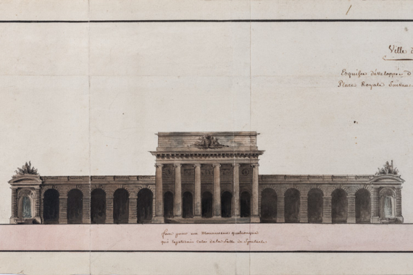 Ville de Dijon. Esquisse développée d’un projet de décoration de la Place royale [... 1er projet de salle de spectacle de Cellerier à l'emplacement du couvent des jacobines. Elévation du bâtiment symétrique]. S.d. [1785]. Légende : "Face pour un monument quelconque qui répéterait celui de la salle de spectacle". © Région Bourgogne-Franche-Comté, Inventaire du patrimoine