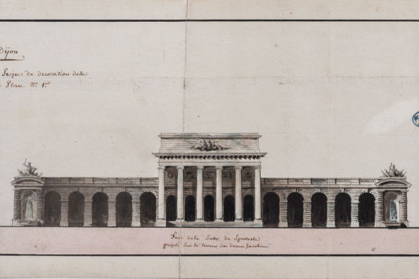 Ville de Dijon. Esquisse développée d’un projet de décoration de la Place royale [... 1er projet de salle de spectacle de Cellerier à l'emplacement du couvent des jacobines. Elévation de la salle]. S.d. [1785]. © Région Bourgogne-Franche-Comté, Inventaire du patrimoine