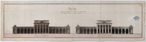 Ville de Dijon. Esquisse développée d’un projet de décoration de la Place royale suivant le plan n° 1er [... 1er projet de salle de spectacle de Cellerier à l'emplacement du couvent des jacobines]. S.d. [1785]. © Région Bourgogne-Franche-Comté, Inventaire du patrimoine