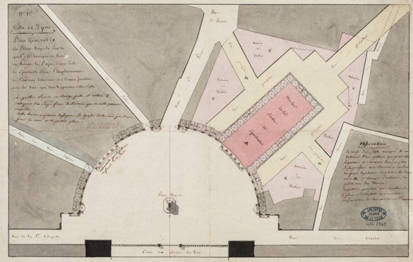 N° 1er. Ville de Dijon. Plan général de la Place royale [... 1er projet de salle de spectacle de Cellerier à l'emplacement du couvent des jacobines]. S.d. [1785]. © Région Bourgogne-Franche-Comté, Inventaire du patrimoine