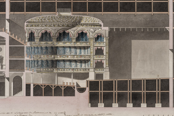 [Projet de salle de spectacle par Cellerier]. Ville de Dijon. Coupe sur le longueur de la salle de spectacle [détail]. S.d. [1803 ?].  © Région Bourgogne-Franche-Comté, Inventaire du patrimoine