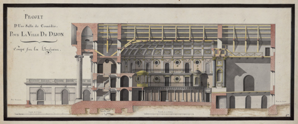 Projet d'une salle de Comédie pour la ville de Dijon. Coupe sur la longueur [par E. Cailliet]. 26 décembre 1806. © Région Bourgogne-Franche-Comté, Inventaire du patrimoine