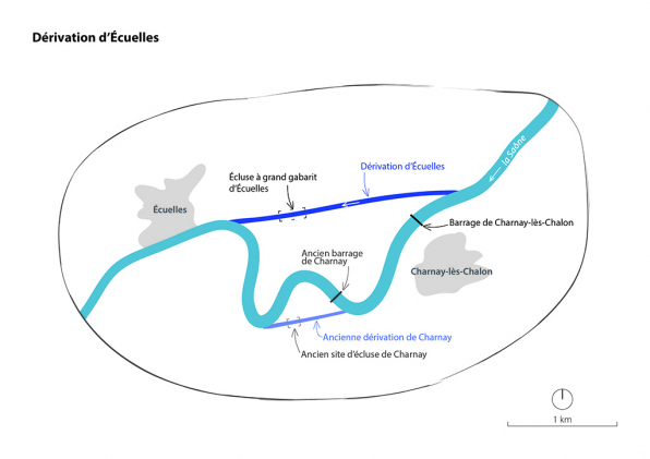 Plan schématique de la dérivation d’Ecuelles, échelle 1 / 2 000e. © Région Bourgogne-Franche-Comté, Inventaire du patrimoine