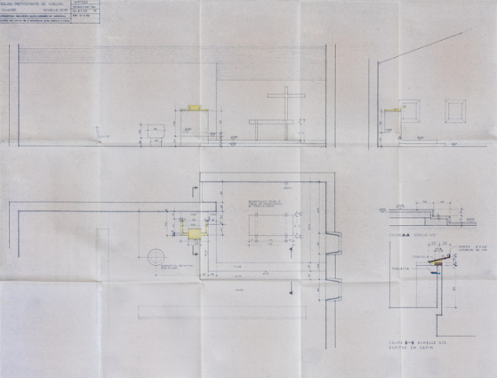 Plan, élévations et coupes de l'ambon, de la tribune, de la croix, de la table de communion, d'un banc et des fonts baptismaux. © Région Bourgogne-Franche-Comté, Inventaire du patrimoine