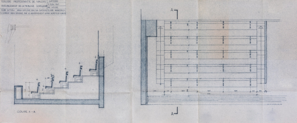 Plan et coupe des bancs de la tribune disposés en gradin. © Région Bourgogne-Franche-Comté, Inventaire du patrimoine