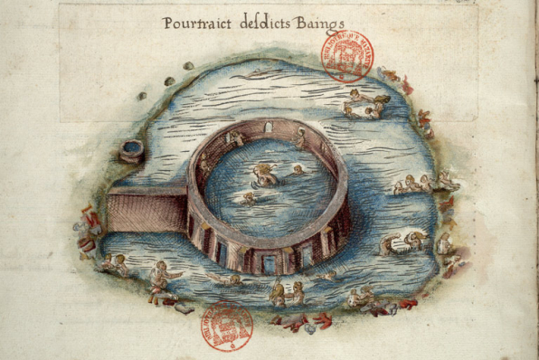 Vue des bains dans la "Généralle Description du Païs et Duché de Bourbonnois" (1569) de Nicolas de Nicolay. © Bibliothèque Mazarine