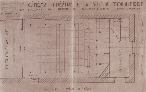 Le cinéma-théâtre de la ville de Tonnerre. Le plan du rez-de-chaussée. 1943. © Région Bourgogne-Franche-Comté, Inventaire du patrimoine