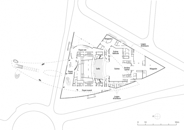 Plan au rez-de-chaussée (niveau 1,20 m). D'après un plan non daté fourni par l'Opéra de Dijon. © Région Bourgogne-Franche-Comté, Inventaire du patrimoine Plan au rez-de-chaussée (niveau 1,20 m). D'après un plan non daté fourni par l'Opéra de Dijon. © Région Bourgogne-Franche-Comté, Inventaire du patrimoine