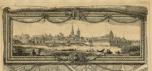 Auxonne. - Plan d'Auxonne dédié à Monsieur Amelot de Chaillon, intendant en Bourgogne, par son très humble serviteur Antoine [détail de la vue perspective]. 1764. © Bibliothèque nationale de France