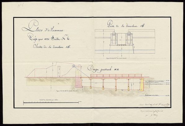 Projet pour 1820, coupe et élévation de la porte et du pont de la demi-lune 16. 1819. © Service historique de la Défense Projet pour 1820, coupe et élévation de la porte et du pont de la demi-lune 16. 1819. © Service historique de la Défense