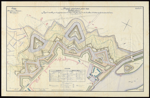 Projet d'ensemble pour le perfectionnement des dehors de la place compris entre le saillant du bastion 17 et la dérivation de la Saône. 1843. © Service historique de la Défense Projet d'ensemble pour le perfectionnement des dehors de la place compris entre le saillant du bastion 17 et la dérivation de la Saône. 1843. © Service historique de la Défense