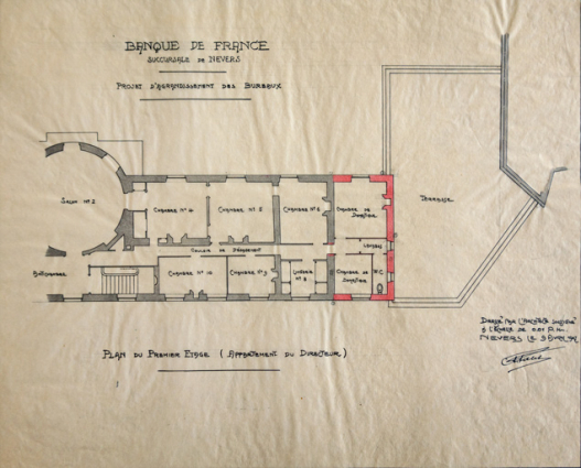 Plan du premier étage, projet d'extension (9 avril 1907). © Région Bourgogne-Franche-Comté, Inventaire du patrimoine