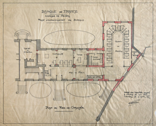 Plan du rez-de-chaussée datant de 1907 avec l'emplacement du mobilier. © Région Bourgogne-Franche-Comté, Inventaire du patrimoine