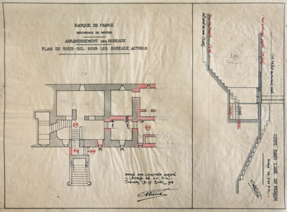 Plan et coupe du sous-sol (7 avril 1908). © Région Bourgogne-Franche-Comté, Inventaire du patrimoine