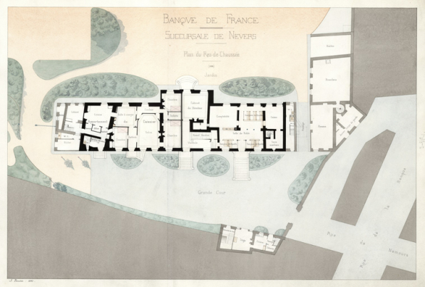 Plan du rez-de-chaussée datant de 1895 avec l'emplacement du mobilier. © Archives historiques de la Banque de France, Paris