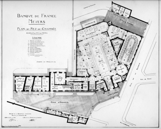Plan du rez-de-chaussée datant de 1927 avec l'emplacement du mobilier. © Archives historiques de la Banque de France, Paris
