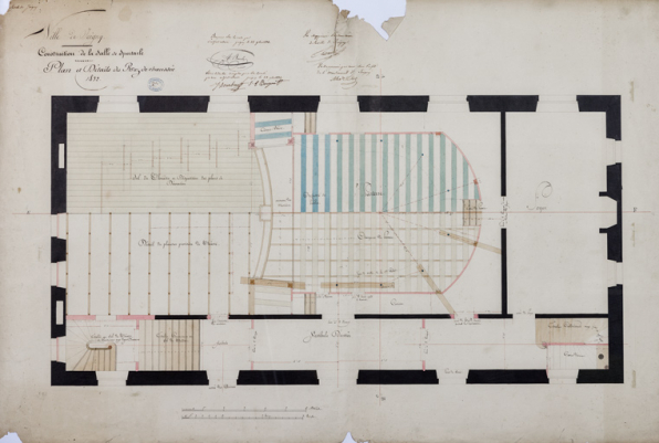 Construction de la salle de spectacle. Plan et détails du rez-de-chaussée. 1832. © Région Bourgogne-Franche-Comté, Inventaire du patrimoine