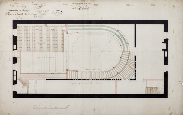 Construction de la salle de spectacle. Plan et détails du 2e étage. 1832. © Région Bourgogne-Franche-Comté, Inventaire du patrimoine