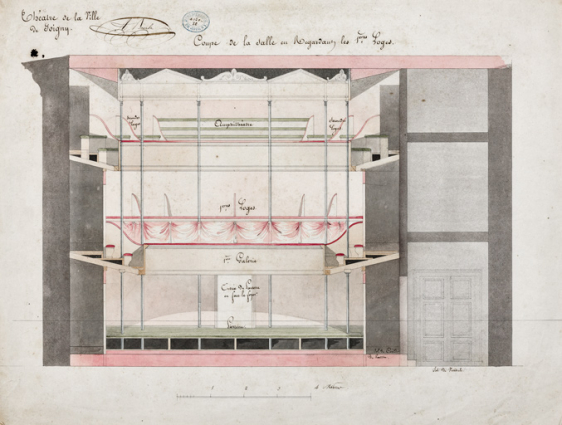 Construction de la salle de spectacle. Coupe de la salle en regardant les 1ères loges. 1832. © Région Bourgogne-Franche-Comté, Inventaire du patrimoine