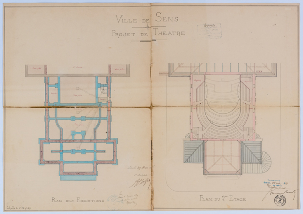 Projet de théâtre. Plan des fondations [et] Plan du 2me étage. 1879. © Région Bourgogne-Franche-Comté, Inventaire du patrimoine