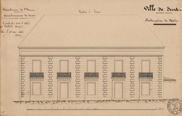 Restauration du théâtre. Elévation à l'ouest [projet].1844. © Région Bourgogne-Franche-Comté, Inventaire du patrimoine