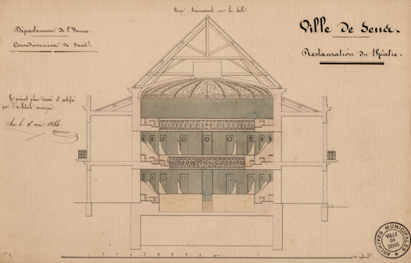 Restauration du théâtre. Coupe transversale sur la salle [projet]. 1844. © Région Bourgogne-Franche-Comté, Inventaire du patrimoine