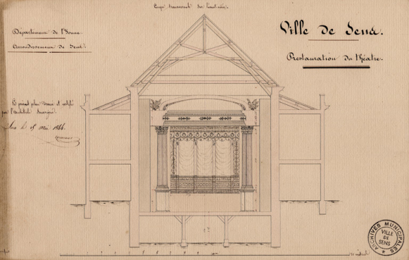 Restauration du théâtre. Coupe transversale sur l'avant-scène [projet]. 1844. © Région Bourgogne-Franche-Comté, Inventaire du patrimoine
