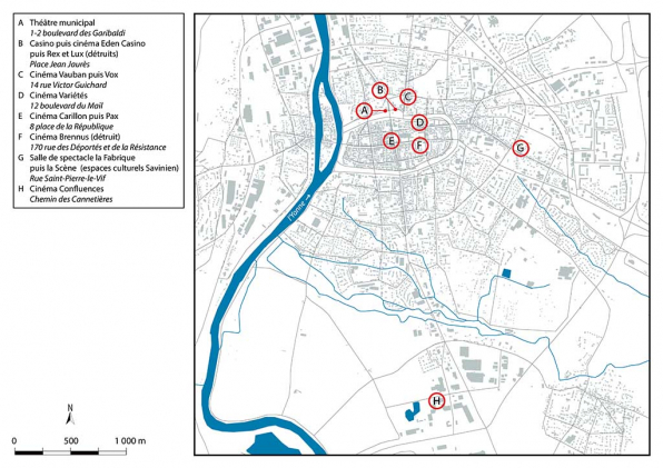 Carte de localisation des salles de spectacle. Fonds de carte : IGN, BD Carto et Topo, 2020, 1/20 000. © Région Bourgogne-Franche-Comté, Inventaire du patrimoine
