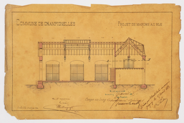 Commune de Champignelles. Projet de marché au blé. Coupe en long. 17 avril 1883. © Région Bourgogne-Franche-Comté, Inventaire du patrimoine