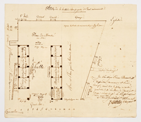 Plan de la halle de Champignelles et place environnante. 1812. © Région Bourgogne-Franche-Comté, Inventaire du patrimoine