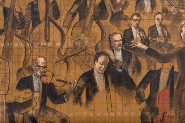 Esquisse pour la peinture côté jardin : orchestre. Détail : portraits de Gustave Houchot (violon), Georges Migot, M. Laillet (flûte) et Pierre Coste. © Région Bourgogne-Franche-Comté, Inventaire du patrimoine