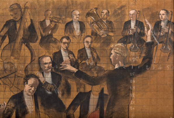 Esquisse pour la peinture côté jardin : orchestre. Détail : portraits de Georges Migot, M. Laillet (flûte), Pierre Coste, André Besançon (chef d'orchestre, avec la silhouette d'Isaac Cohen) et M. Harent (trompette). © Région Bourgogne-Franche-Comté, Inventaire du patrimoine