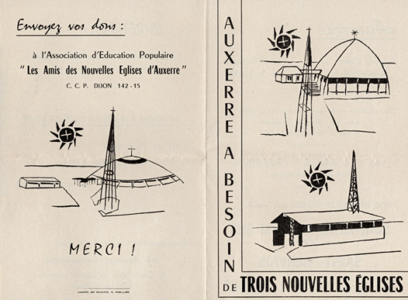 Dépliant publicitaire d'appel aux dons : en haut à droite, l'église Sainte-Thérèse des Rosoirs. 1959. © Région Bourgogne-Franche-Comté, Inventaire du patrimoine