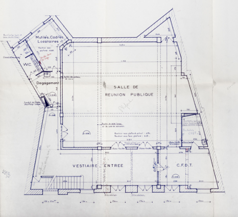 Bourse du Travail. Projet d’aménagement des salles. Rez de chaussée. 1969. © Région Bourgogne-Franche-Comté, Inventaire du patrimoine Bourse du Travail. Projet d’aménagement des salles. Rez de chaussée. 1969. © Région Bourgogne-Franche-Comté, Inventaire du patrimoine