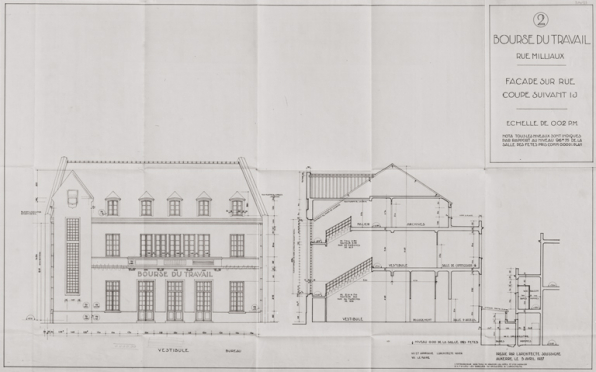 2. Bourse du Travail rue Milliaux. Façade sur rue, coupe suivant IJ. 5 avril 1937. © Région Bourgogne-Franche-Comté, Inventaire du patrimoine 2. Bourse du Travail rue Milliaux. Façade sur rue, coupe suivant IJ. 5 avril 1937. © Région Bourgogne-Franche-Comté, Inventaire du patrimoine