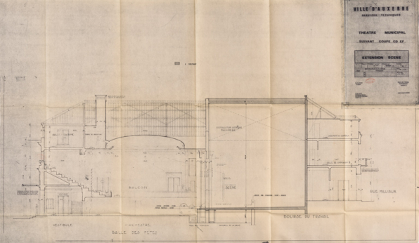 Théâtre municipal. Extension scène. Suivant coupe CD EF [projet]. S.d. [1975]. © Région Bourgogne-Franche-Comté, Inventaire du patrimoine