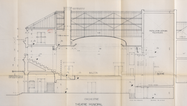 Théâtre municipal. Bourse du travail. Coupe CD-EF. [Détail : côté théâtre]. 10 mars 1975. © Région Bourgogne-Franche-Comté, Inventaire du patrimoine