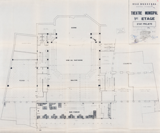 Théâtre municipal. 1er étage. Etat projeté. 20 mai 1976. © Région Bourgogne-Franche-Comté, Inventaire du patrimoine Théâtre municipal. 1er étage. Etat projeté. 20 mai 1976. © Région Bourgogne-Franche-Comté, Inventaire du patrimoine