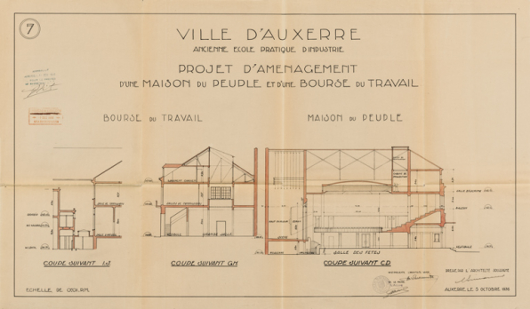 Projet d’aménagement d’une maison du peuple et d’une bourse du travail. 7. Bourse du travail [et] Maison du peuple [coupes]. 5 octobre 1936. © Région Bourgogne-Franche-Comté, Inventaire du patrimoine